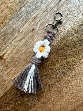 Macrame Boho Daisy Keychain, White, Brown, Yellow, Flower, Handmade